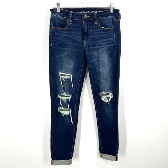 American Eagle Jeggings Dark Wash Distressed Fringe Cuff Hem Women's 8 R - Picture 1 of 10